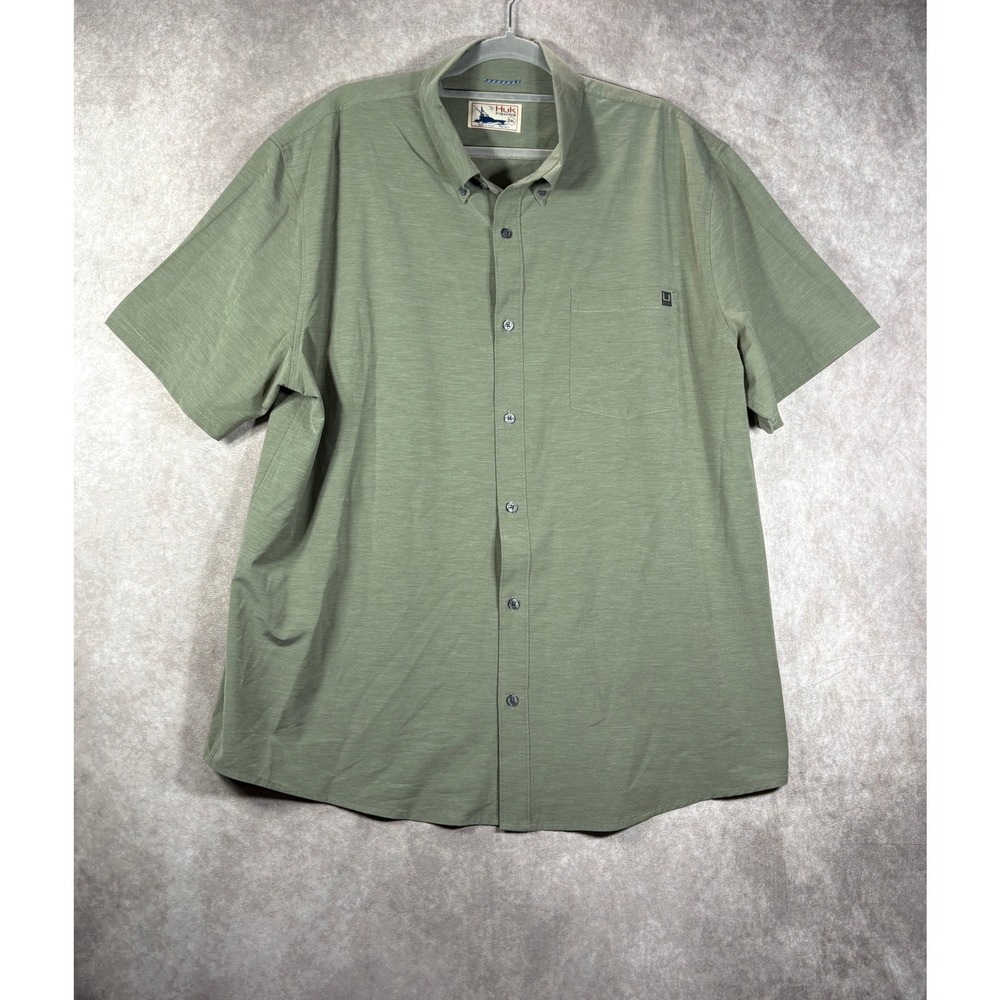 Huk Fishing Shirt Mens 2XL Green Short Sleeve Button Down Performance Outdoors